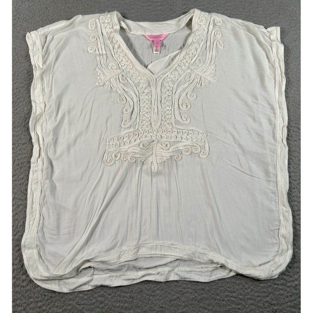 Lilly Pulitzer Blouse Womens Small White Tunic Top Embroidered Sleeveless Resort